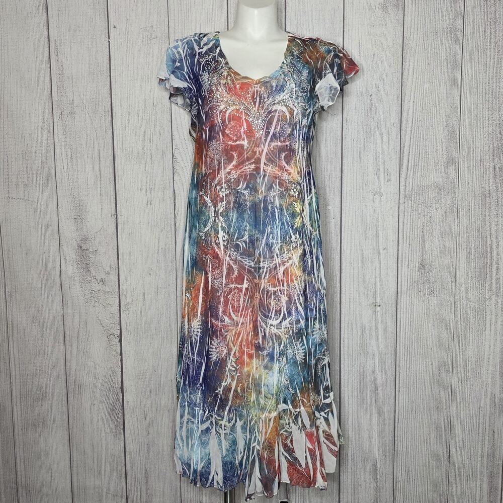 Reba Woman Burnout Layered Midi Dress Rhinestone Boho Abstract USA, sz 2X